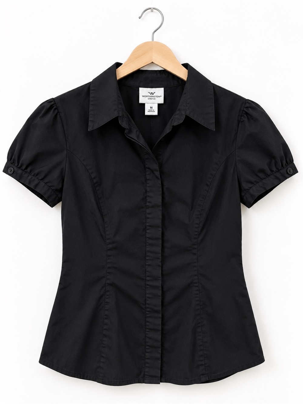 Worthington Stretch Black Tailored Button Front Blouse Shirt Medium M